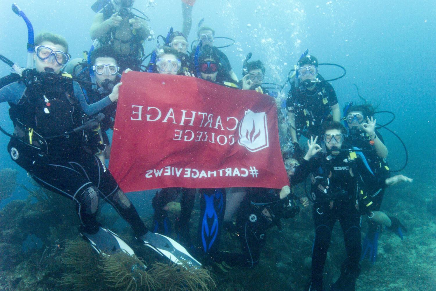 学生们手持<a href='http://l.kgfascist.com/'>bv伟德ios下载</a>旗帜，在j学期洪都拉斯游学之旅中潜水.